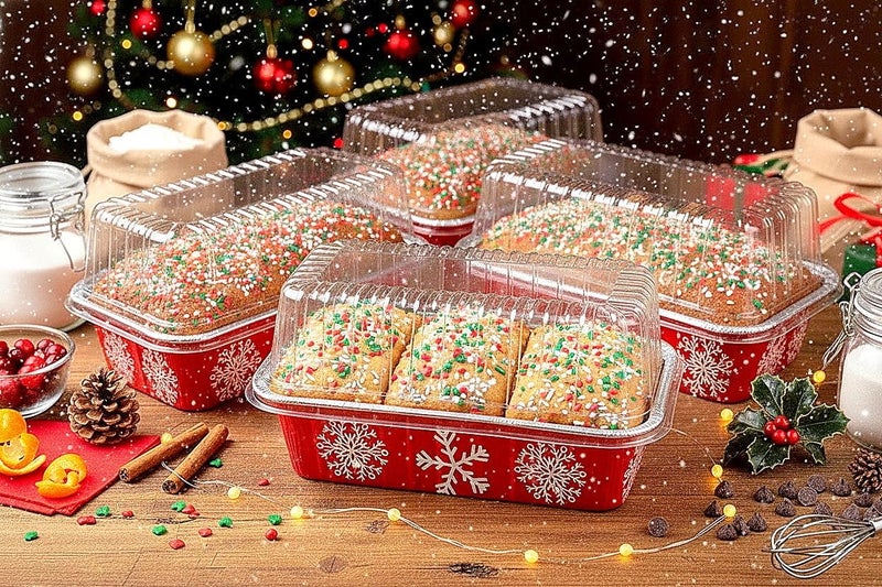 PACTOGO 2 lb. Disposable Red & Silver Holiday Christmas Snowflake Aluminum Foil Standard Size Loaf/Bread Baking Pans with Clear High Dome Lids (Pack of 6) - Image 2